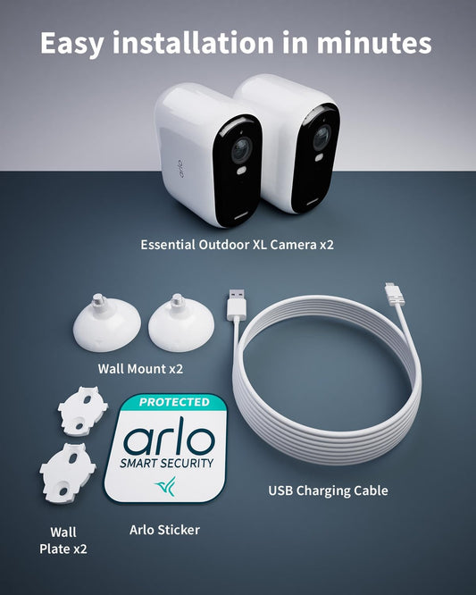 Arlo Essential 2 HD XL Video Security Camera Outdoor Wireless, XL Battery Operated Home Camera With Colour Night Vision, Light, Siren, 2 Way Audio & WiFi, Arlo Secure Free Trial, 2 Cameras, White