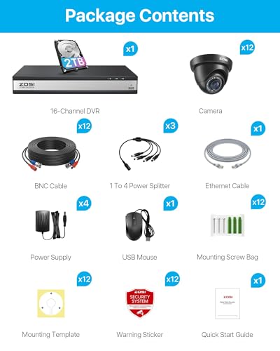ZOSI 3K Lite 16CH Security Camera System with AI Human Vehicle Detection,16 Channel CCTV DVR with 2TB HDD and 12 x 1080p Indoor Outdoor Dome Camera, 80ft Night Vision, 90° View Angle, Alert Push
