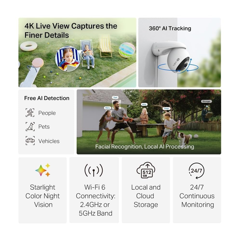 Tapo C560WS 4K 8MP Security Camera Outdoor, Outdoor Camera,Local Facial Recognise,Starlight Colour Night,CCTV Camera,IP66,360°AI Detection,WiFi 6,Flexible Storage,Google Home/Alexa,No Monthly fee