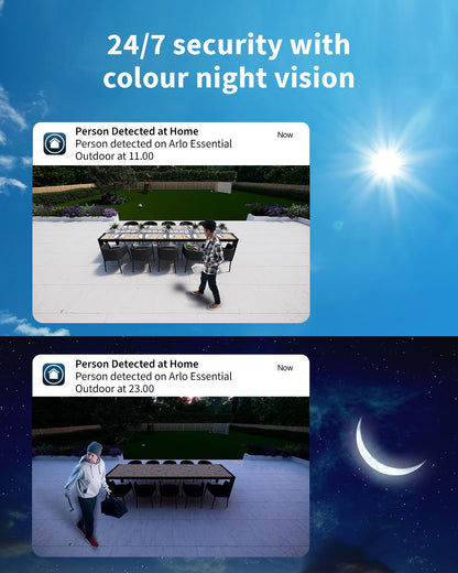 Arlo Essential 2 HD Video Security Camera Outdoor Wireless & 2 Solar Panels, Battery Operated, Colour Night Vision, Light, Siren, 2 Way Audio & WiFi, Arlo Secure Free Trial, 2 Cameras, White