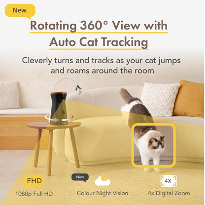 Furbo 360° Cat Camera [BASIC CAMERA]: Pet Monitor w/App, Rotating 360° View, Colour Night Vision, Auto-Tracking, Treat-toss, Meowing Alert. Loved by millions of pet parents worldwide